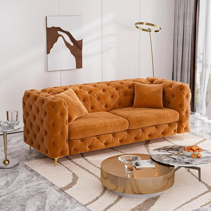 75" Sofa Couch Mid Century Modern Velvet Couch Tufted Button Sofa High Armrest & Metal Gold Legs Luxury Chesterfield Decor with