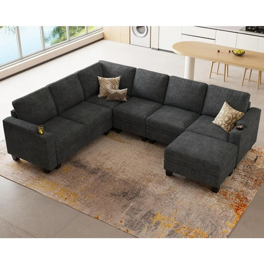Chenille Modular Sectional Sofa Convertible L Shaped Corner Couches for Living Room with Storage Armrest with Cup Holder Dark G