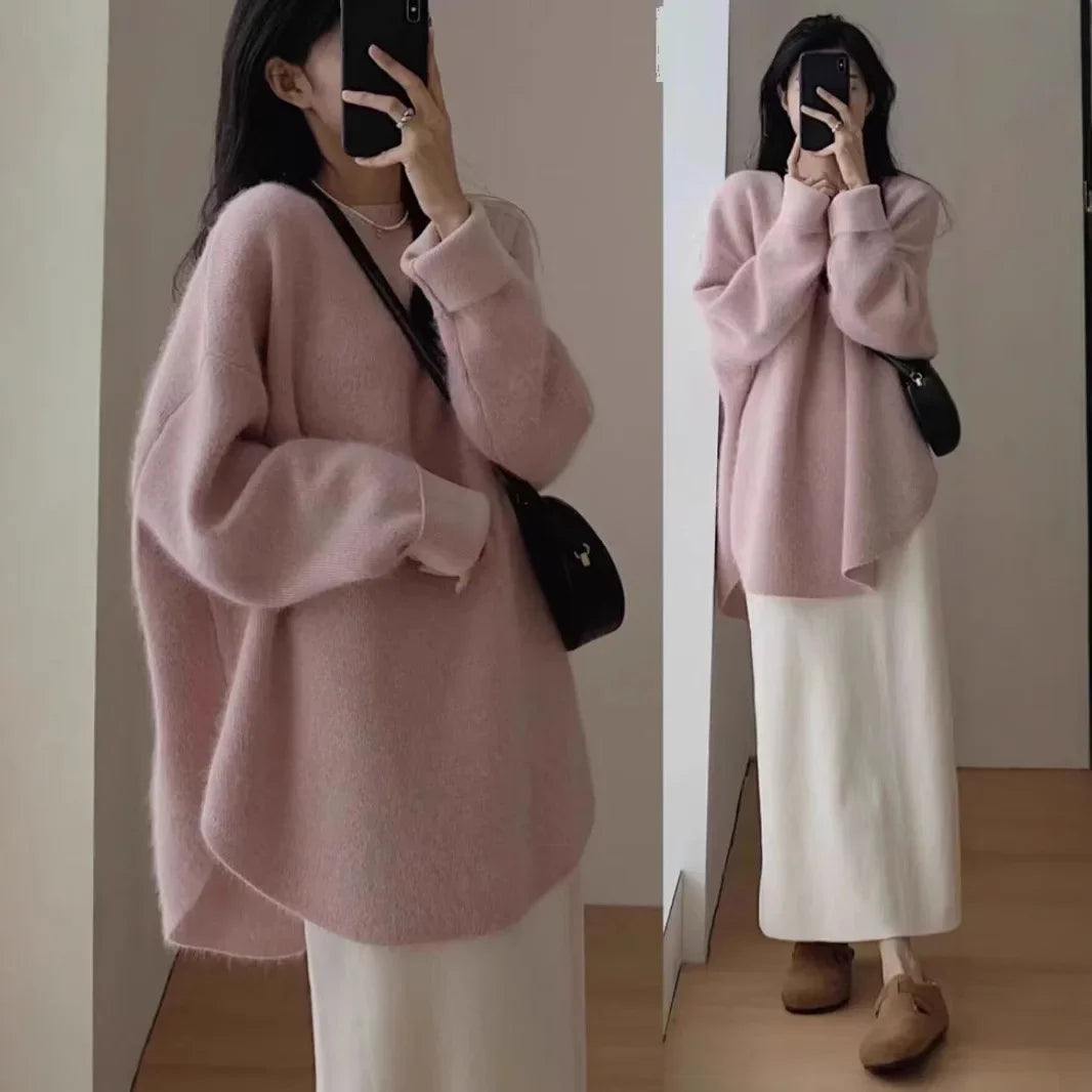 White Knitted Loose Long Sleeve Women's Base Shirt Sweater Autumn Winter High Sensation Inner Match Lazy Style Polyester Fiber