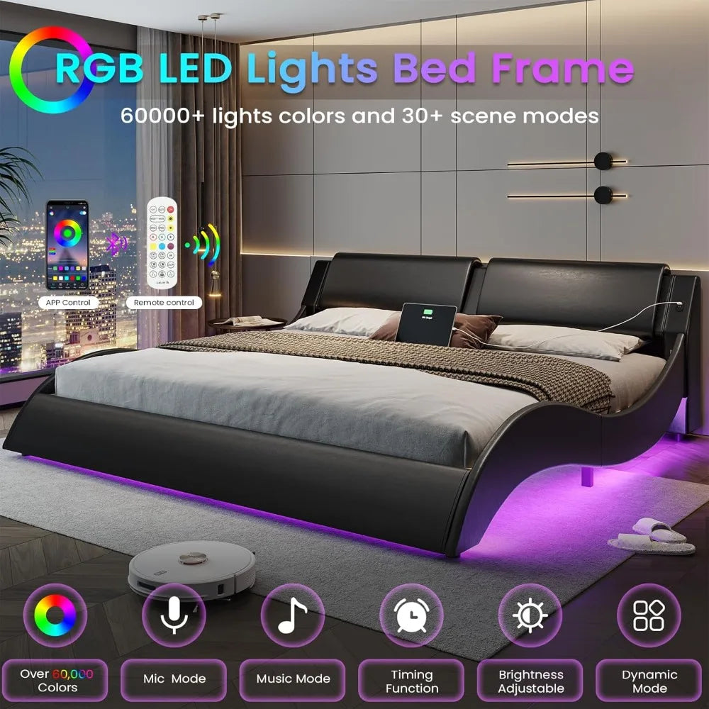 Modern King Size LED Bed Frame with USB Charging Ports, Low Profile Platform Bed with RGB Lights and Wood Slats Support, Black