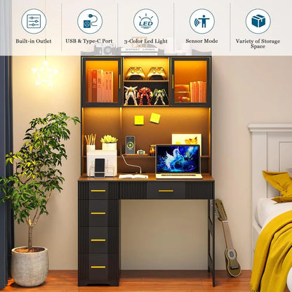 LED Study Desk with Hutch, Drawers, Outlet & Charging Station for Home Office, Bedroom or Small Space (Black)