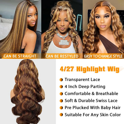 30 Inch Honey Blonde Ombre 13X4 HD Lace Front Wig Human Hair Highlight Body Wave Lace Frontal Wigs Pre Plucked 4/27 Colored