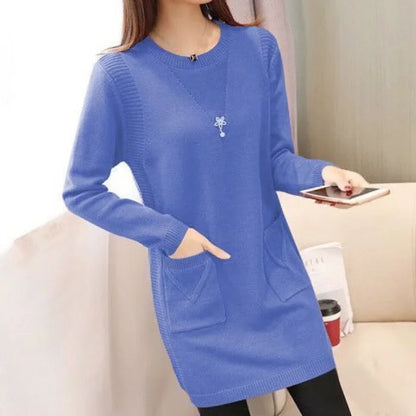 2024 New Style Korean Version Loose-Fit Medium-Length Knit Base Layer Top Women's Pullover Sweater Skirt Fleece-Lined Thickened