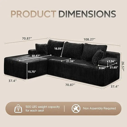 Modular Sectional Sofa Couches 108" L-Shape Couch 3 Seat Modular Sofa Memory Foam Sectional Couches for Living Room