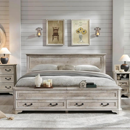Farmhouse King Bed with Headboard and Storage Bench, Rustic Wood Platform Bed with 80" Storage Chest, Customized