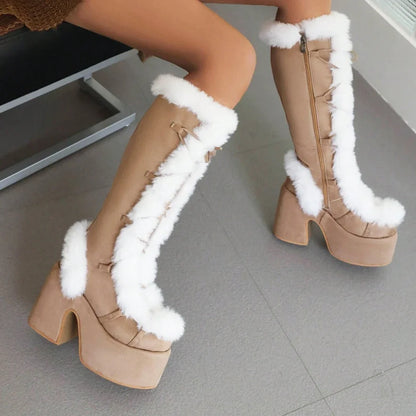 Warm Faux Fur Knee High Snow Boots For Women Punk Goth Platform Chunky High Heel Side Zipper Walking Winter Boots