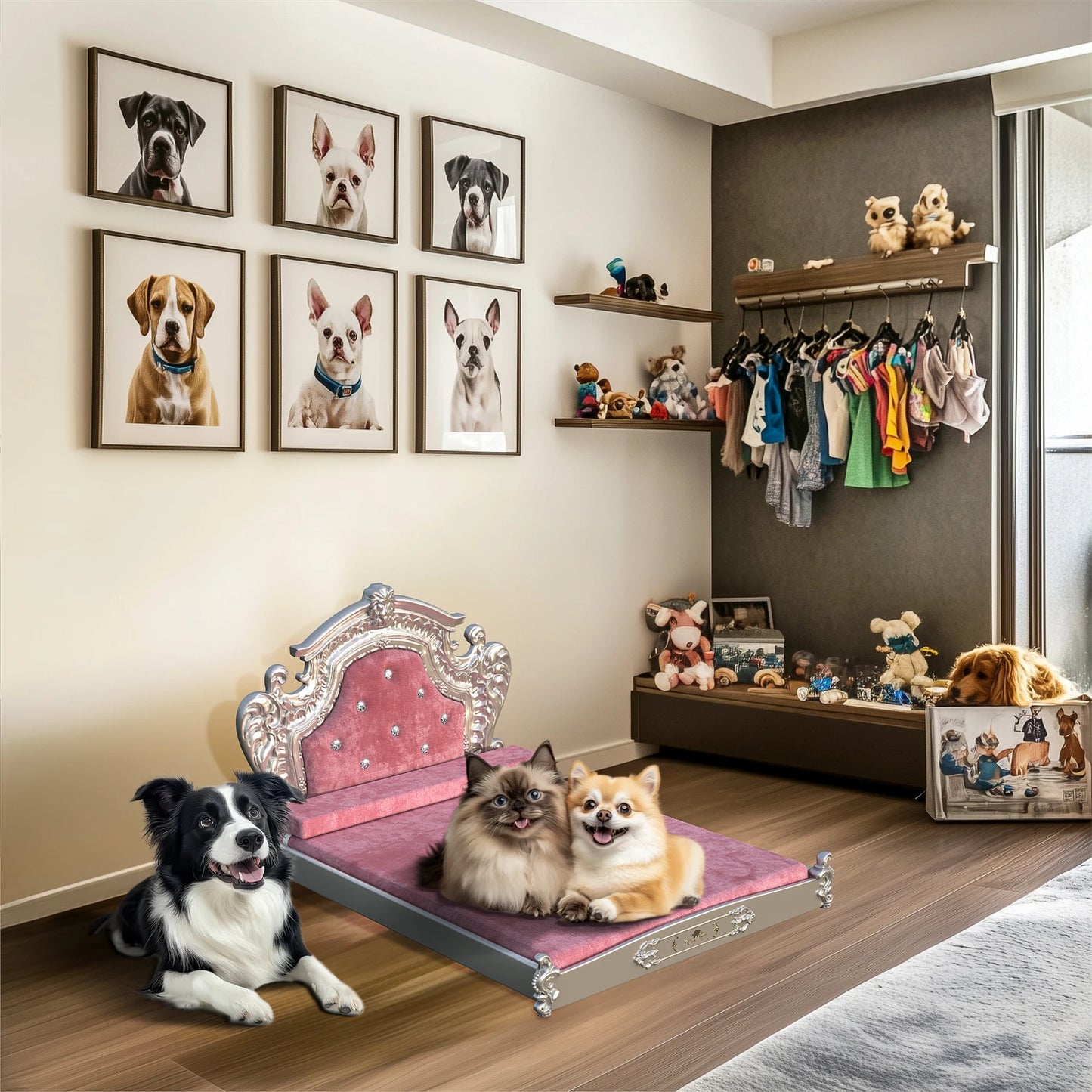 Luxury Pet Bed with Headboard, Washable Dutch Velvet Cover, Dog and Cat Bed, High Elastic Sponge, XXLarge