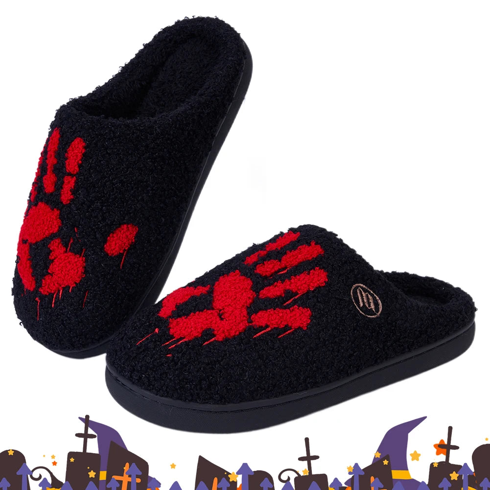 Halloween Palm Plush Slippers Warm Slip-on House Shoes Comfortable Flat Thermal Slippers Fluffy Home Slippers for Autumn Winter