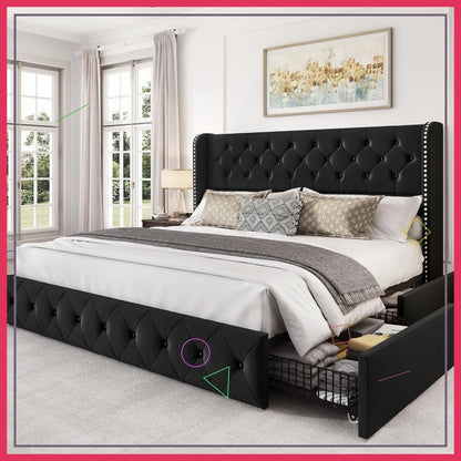 King Size Platform Bed Frame with Storage Drawers, Tufted Velvet Headboard, Easy Assembly, Black