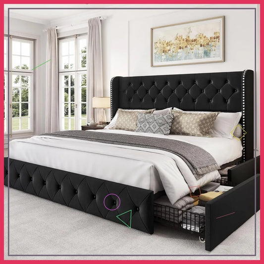 King Size Platform Bed Frame with Storage Drawers, Tufted Velvet Headboard, Easy Assembly, Black