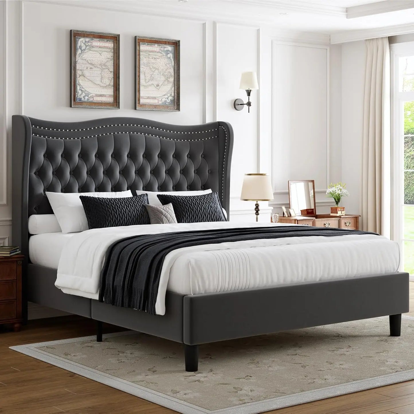 Full Bed Frame with Tall Headboard & Footboard,Velvet Upholstered Platform Bed Frame with Deep Button Tufted Wingback,Customized