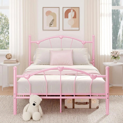 Metal Bed Frame, Bed Frame with Headboard, Heart-Shaped Decorative Headboard and Footboard, Heavy Duty Metal Slat Support