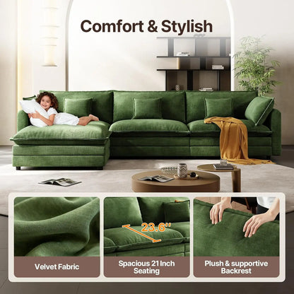 102'' Modular Sectional Sofa - Green Cloud Couch with Movable Ottoman L-Shaped Living Room Furniture Modern Customized Design