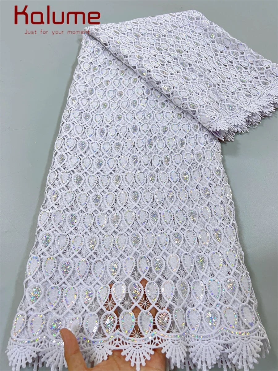White African Guipure Cord Lace Fabric with Sequins 2025 High Quality Nigerian Guipure Cord Lace for Sewing Wedding Dress F4025