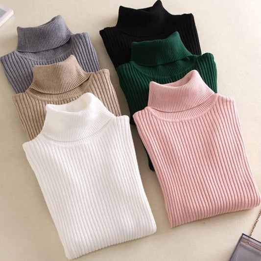 Casual Soft Polo-neck Jumper New Autumn Winter Women Knitted Turtleneck Sweater Fashion Slim Elasticity Solid Ribbed Pullovers