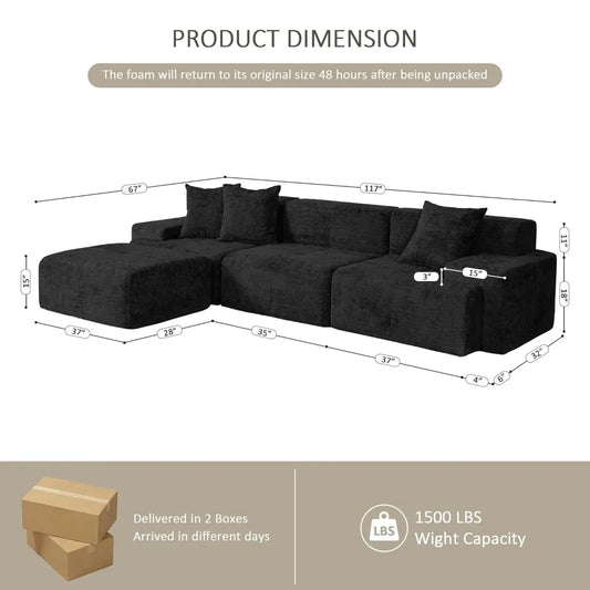117" Modular Sectional Sofa Couch, Chenille Upholstered Boneless Couch, Oversized L-Shaped Cloud Sectional Couch, Customized