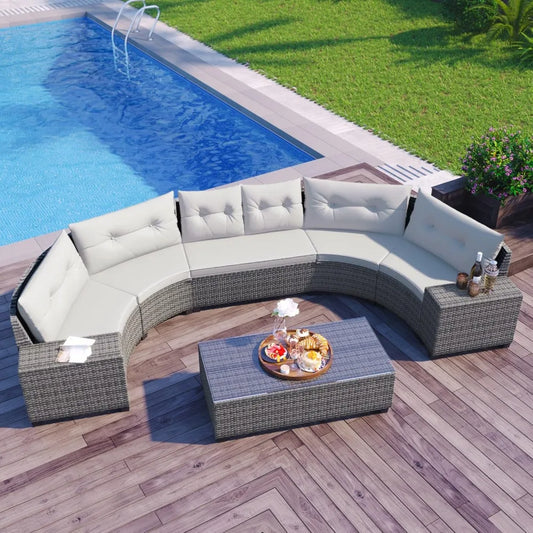 Outdoor Wicker Sectional Sofa Set with Curved Design and Rectangular Coffee Table - Water-Resistant and UV Protected