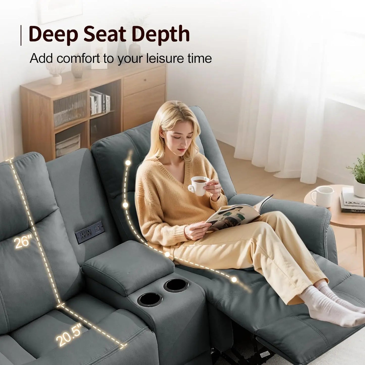 Loveseat Recliner Sofa, Reclining Loveseat Couch, Reclining Couch with Console, USB Port, US Outlets, and Cup, Customized
