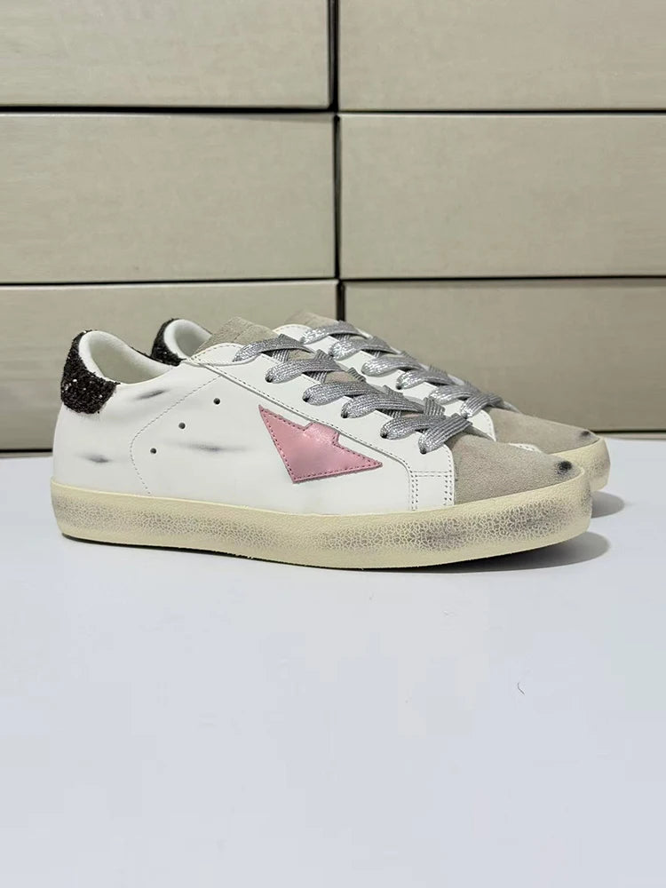 Spring Summer Fashion Casual Low-top Shiny Shoelaces Shoes Women's Round Toe Patchwork Diamond Heel Flat Bottom Sports Shoes