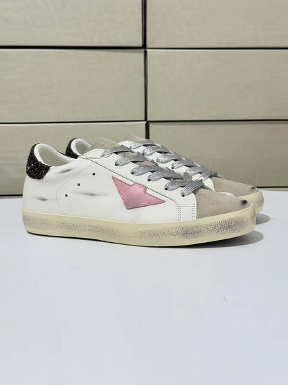 Spring Summer Fashion Casual Low-top Shiny Shoelaces Shoes Women's Round Toe Patchwork Diamond Heel Flat Bottom Sports Shoes