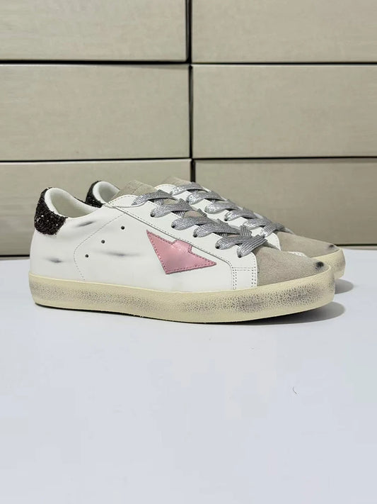 Spring Summer Fashion Casual Low-top Shiny Shoelaces Shoes Women's Round Toe Patchwork Diamond Heel Flat Bottom Sports Shoes