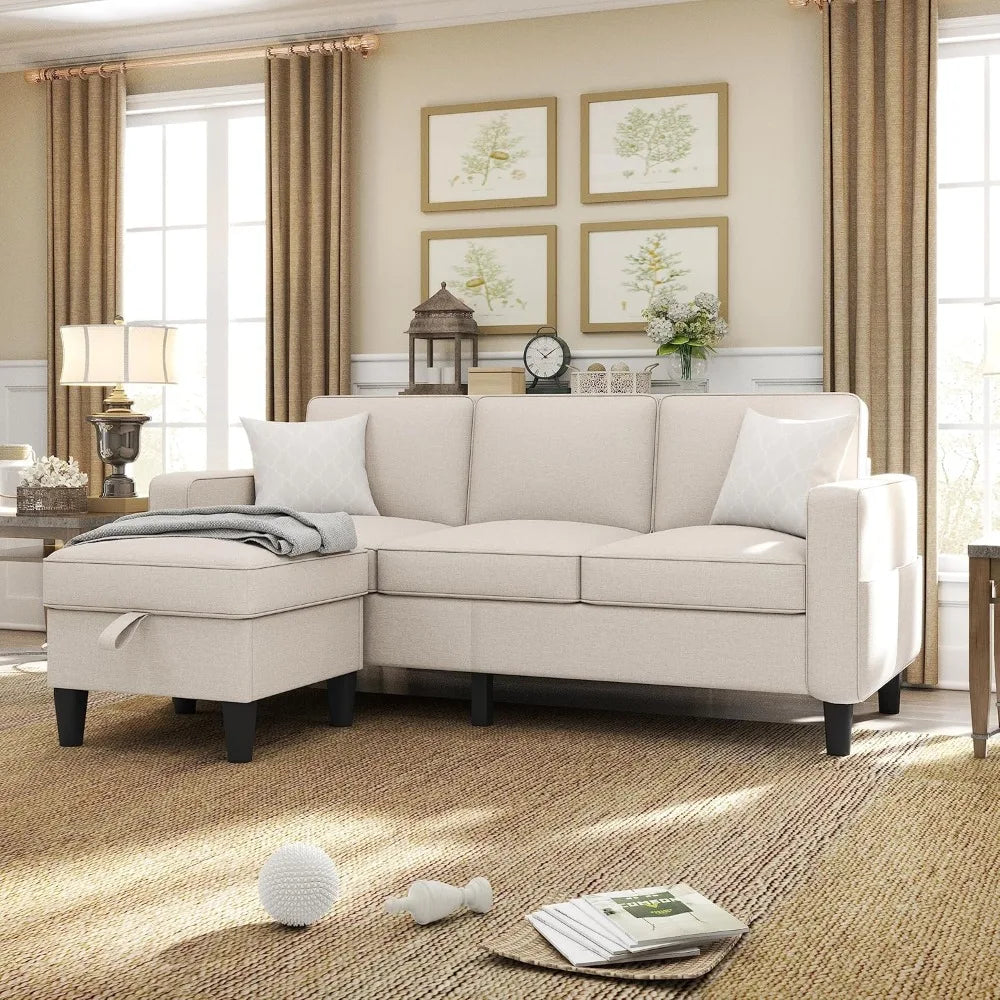 Couch for Living Room-78'' Beige Linen 3 Seat L-Shaped Sectional Sofa Couches with Storage Ottoman-Modern Small Space.Customized