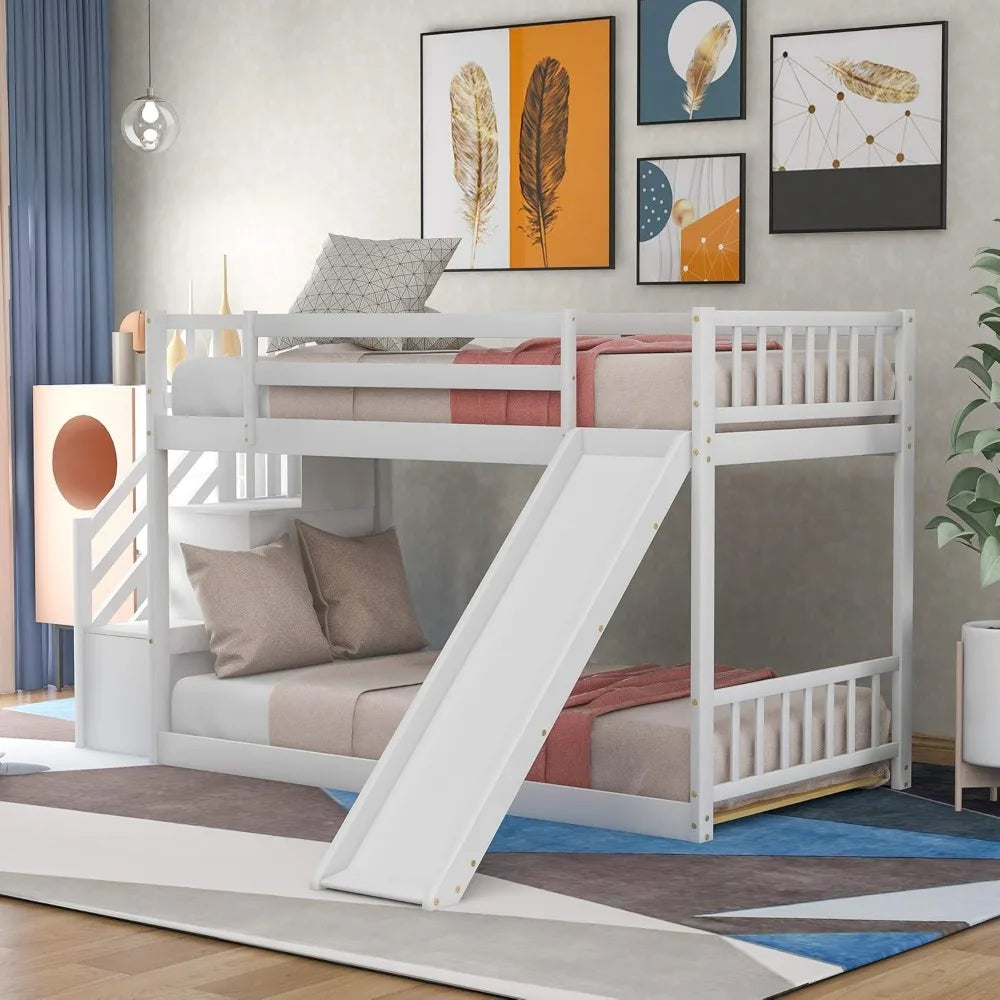 SOFTSEA Twin Over Twin Low Bunk Beds with Slide and Stairs, No Box Spring Needed