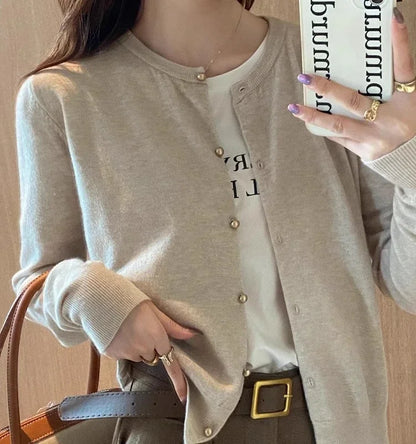 Solid Color Knitted for Women Cardigan Korean Single Breasted Long Sleeve Jumper Woman Round Neck All Match Cardigans Outwear