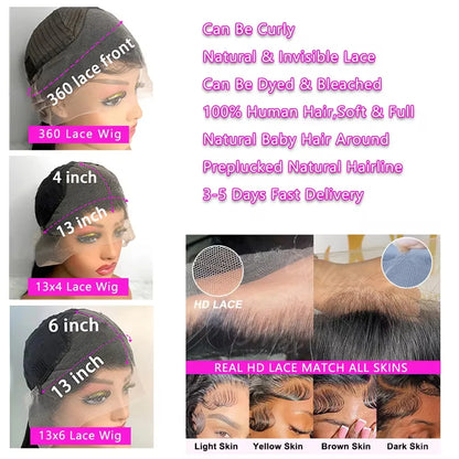 250 Density 13x4 13x6 Transparent Bone Straight 30 40 Inches Lace Front Human Hair Wigs Brazilian Frontal Wigs For Women