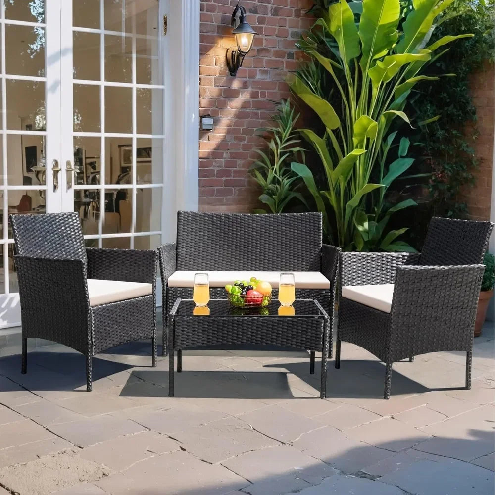 patio furniture 4 pieces conversation sets outdoor wicker rattan chairs garden backyard balcony porch poolside loveseat with cu