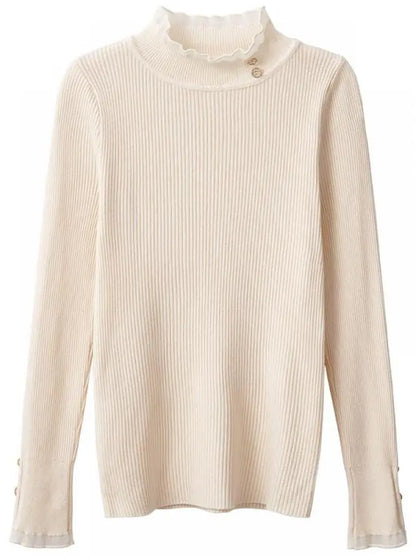 2025 Knitted Women Sweater O-neck Button Pullovers Spring Autumn Basic Sweaters for Female Pullover Slim Solid Bold Lace Tops