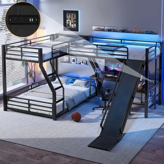 L-Shaped Twin over Full Bunk Bed with Loft, Metal Triple Bunk Bed with Slide, USB Ports, Space-saving, Noise-free Design, Black
