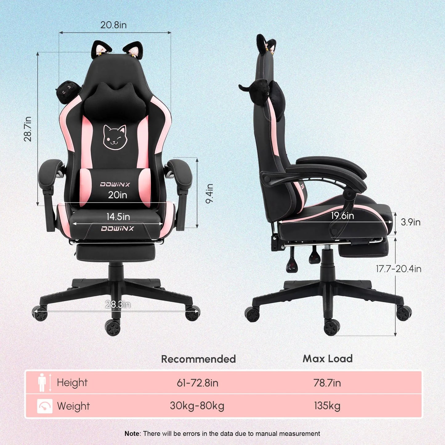 Dowinx Gaming Chair Cute with Cat Ears and Massage Lumbar Support, Ergonomic Computer Chair for Girl with Footrest and Headrest