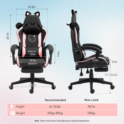 Dowinx Gaming Chair Cute with Cat Ears and Massage Lumbar Support, Ergonomic Computer Chair for Girl with Footrest and Headrest