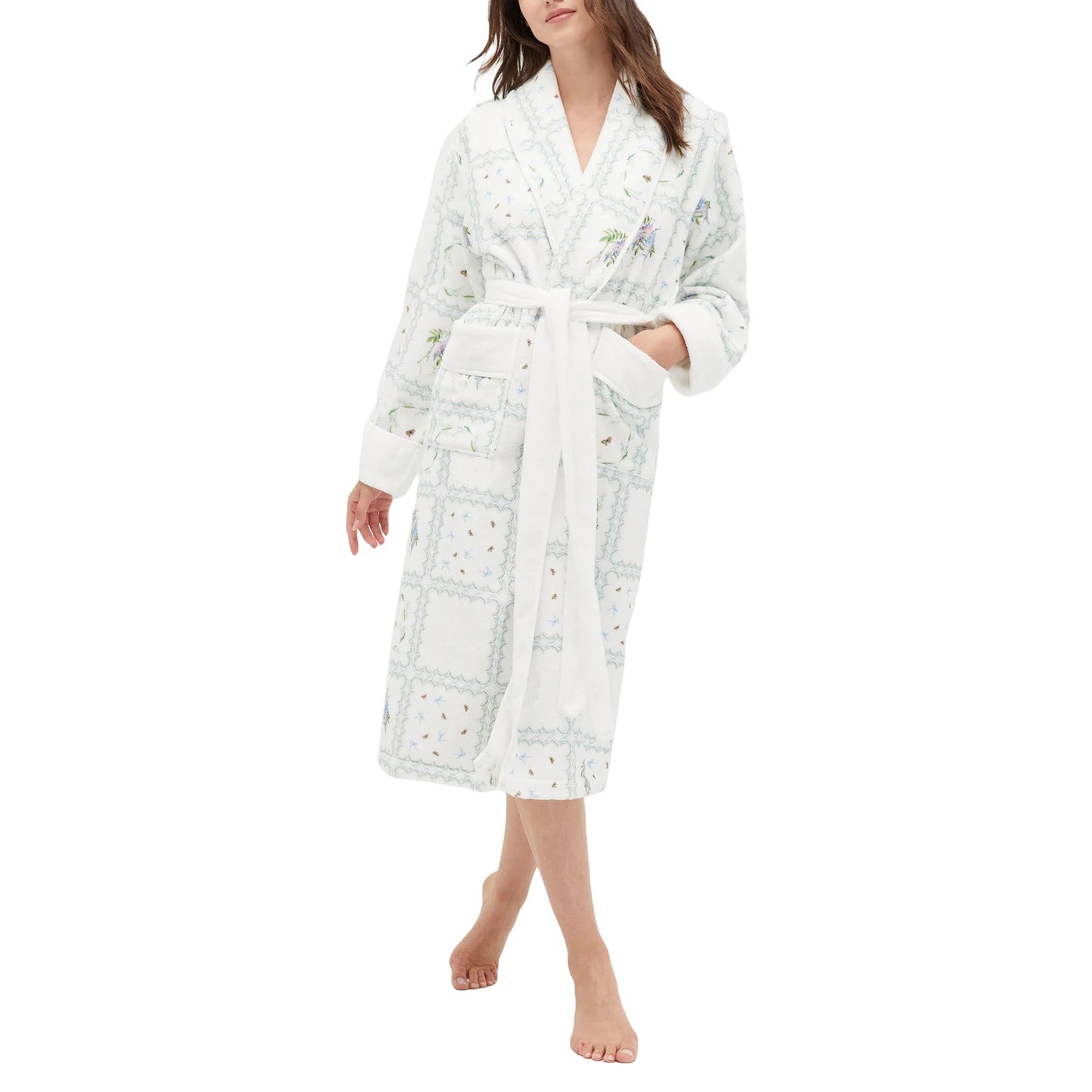 Women Winter Kimono Bathrobe Floral Print Warm Long Sleeve Spa Night Robe with Belt for Soft Pajama Outfit