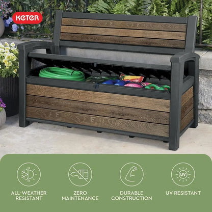 Signature 60 Gallon Storage Bench Deck Box - Patio Furniture, Porch Decor, Outdoor Seating, Store Garden Tools, Walnut