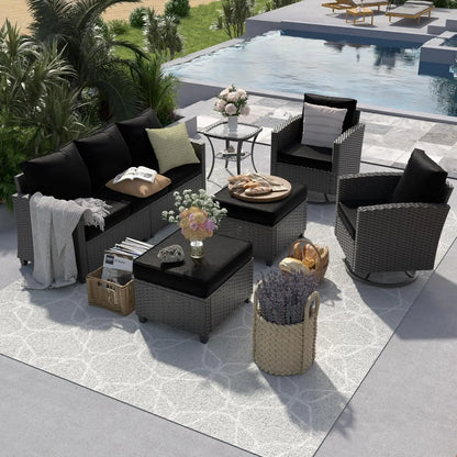 6pc Gray PE Rattan Sectional Sofa Set Swivel Chair & Side Table 4" Cushions Patio Garden, Customized