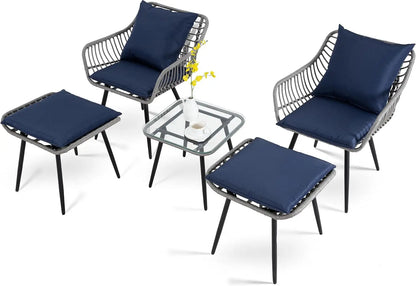 5 Piece Patio Bistro Set with Ottoman, Outdoor Wicker Apartment Balcony Furniture Sets, Rattan Table and Chairs Set of 2
