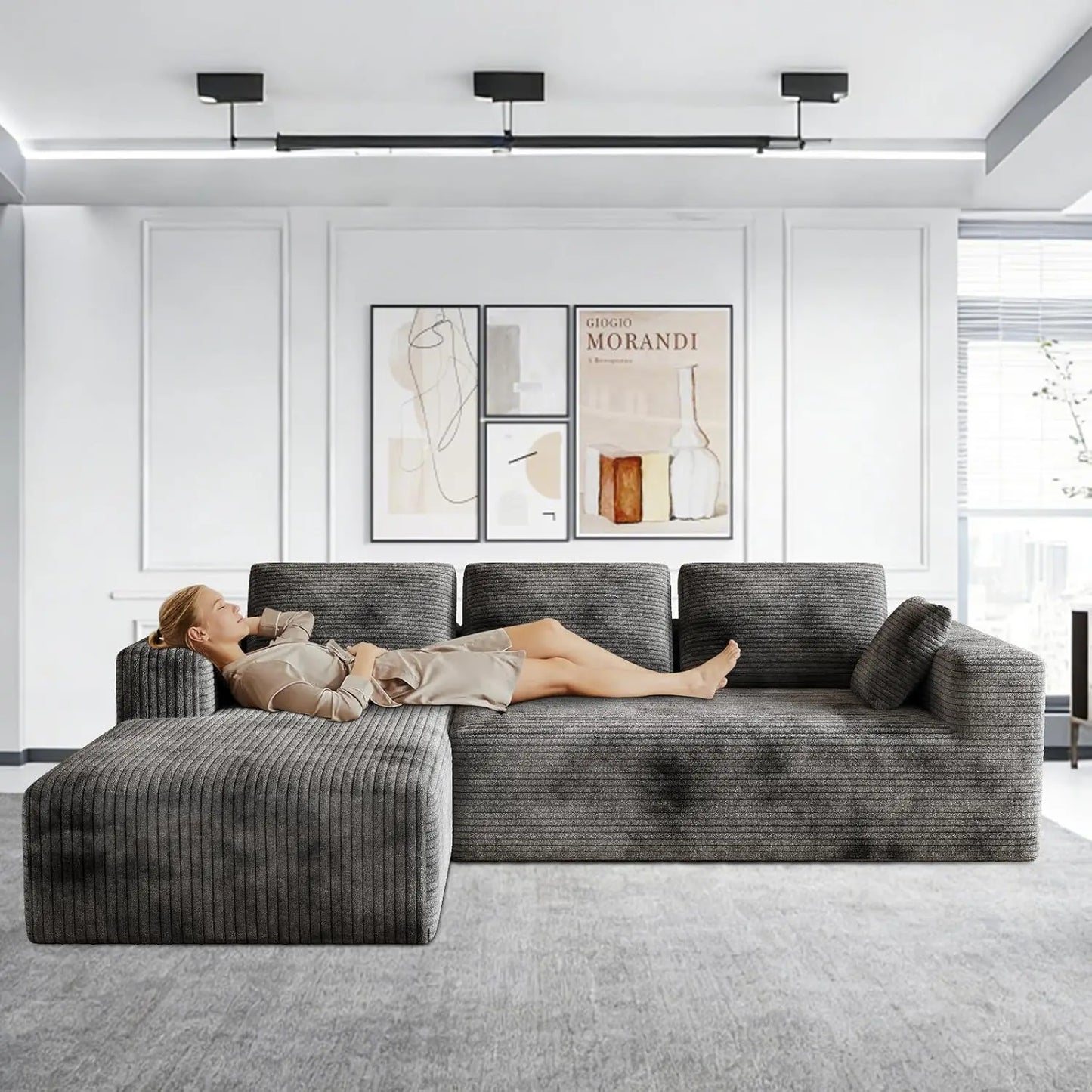 106" Corduroy Sectional Couch, Boneless L Shaped Couch with Deep Seat, Cloud Foam Sofa with Oversized Chaise, Sectional Sofa No