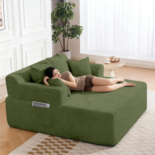 58" Chaise Lounge Chair Indoor, Green - Oversized Corduroy Boneless Sleeper Sofa Bed with Armrests and 4 Pillows, No Assembly
