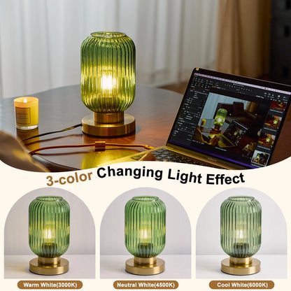 HSMKL Modern Ribbed Glass Table Lamps Mid Century Bedside Light Small Nightstand Lamp with Plug-in Style for Bedroom Living Room