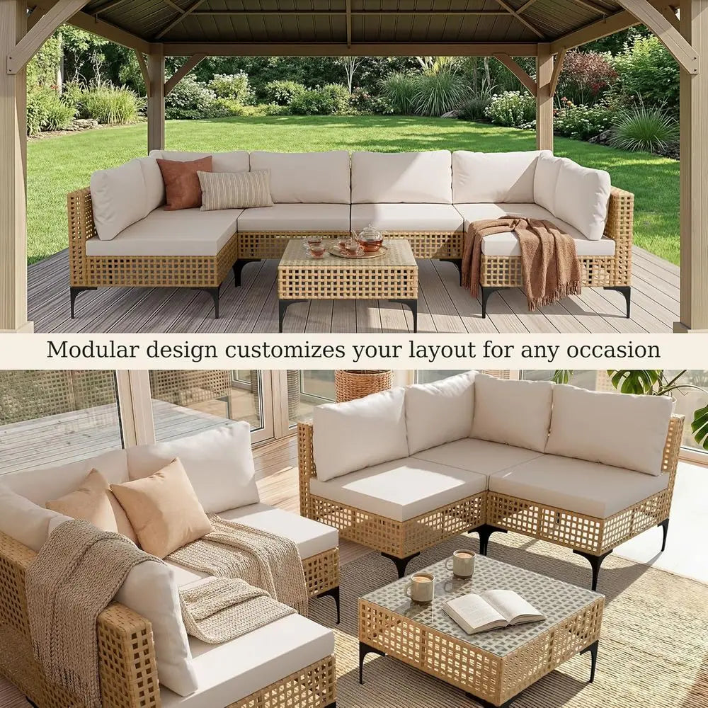 7-Piece Outdoor Sectional Sofa Set with Rattan Seating, Coffee Table, and Ottoman for Patio, Deck, or Poolside