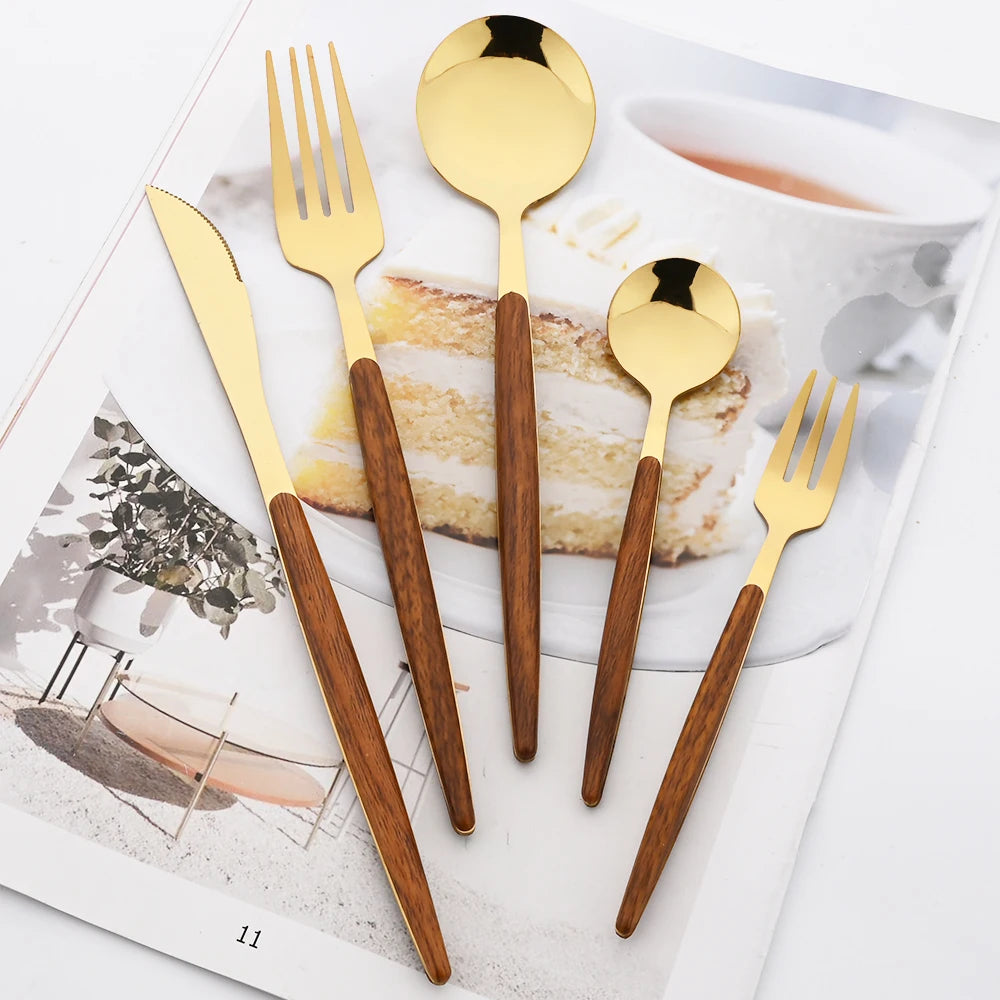 16/24/36Pcs Dinnerware Set Stainless Steel Imitation Wooden Handle Clamp Western Knife Fork Spoon Cutlery Tableware Silverware