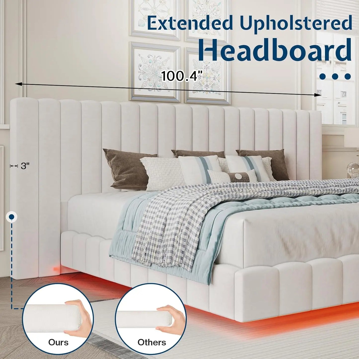 King Bed Frame with LED Lights and Upholstered Oversized Headboard, Modern Velvet Platform with Floating Design, No, Customized