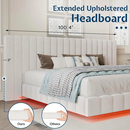King Bed Frame with LED Lights and Upholstered Oversized Headboard, Modern Velvet Platform with Floating Design, No, Customized