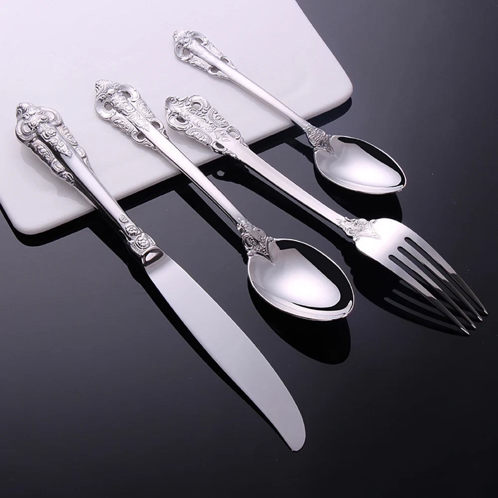 Vintage Western Stainless Steel Cutlery Set Luxury Tableware Wedding Engraving Dinnerware Knife Fork Spoon Sliverware 1 Pcs