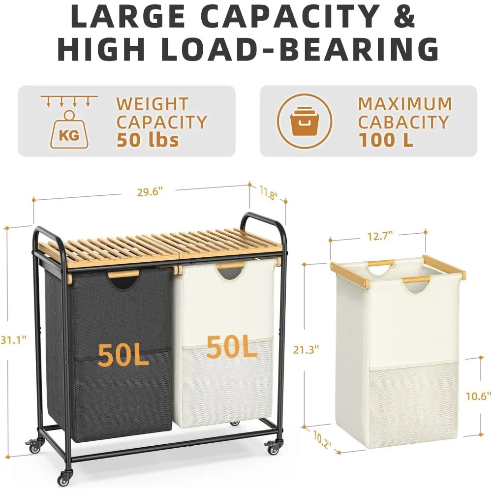Dual-Section Laundry Sorter with Removable Shelf and Pull-Out Bags, Rolling Clothes Hampers on Wheels Basket