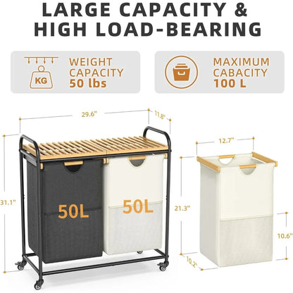 Dual-Section Laundry Sorter with Removable Shelf and Pull-Out Bags, Rolling Clothes Hampers on Wheels Basket