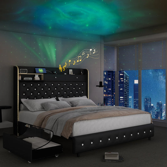 LED Bed Frame with Galaxy Star Projector, 2 Drawers, 52" PU Headboard with Charging Station, Noise Free, No Box Spring