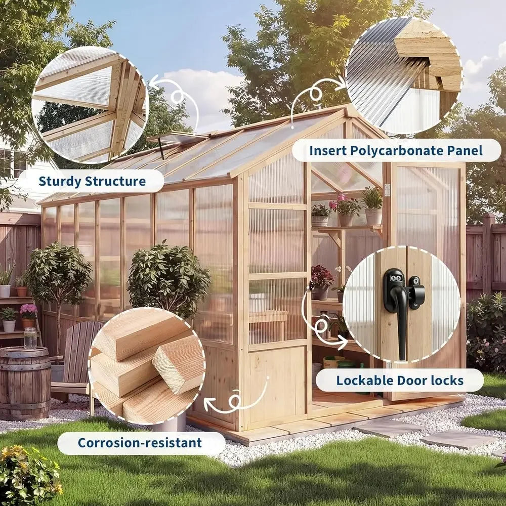 8x14 T Wooden Greenhouse or Outdoor, Walk-in Greenhouse Kit with Ventilated Window & Lockable Door & Polyte Panels, Large Wood e
